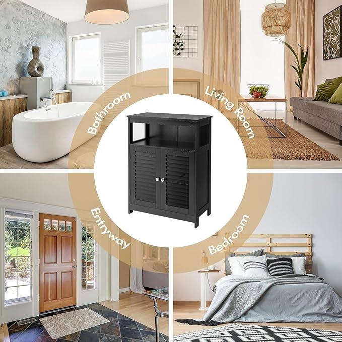 LDAILY Bathroom Storage Cabinet, Freestanding Organizer With Double Shutter Doors, Adjustable Shelf, Wooden Floor Cabinet for Kitchen, Entryway (Black) - ModernBath