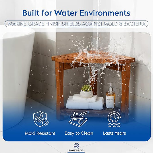 Teak Shower Bench for Inside Shower - 100% Grade A Solid Teak Wood Shower Stool, Waterproof Wooden Bath Bench Seat with Storage Shelf, Non-Slip Spa Chair