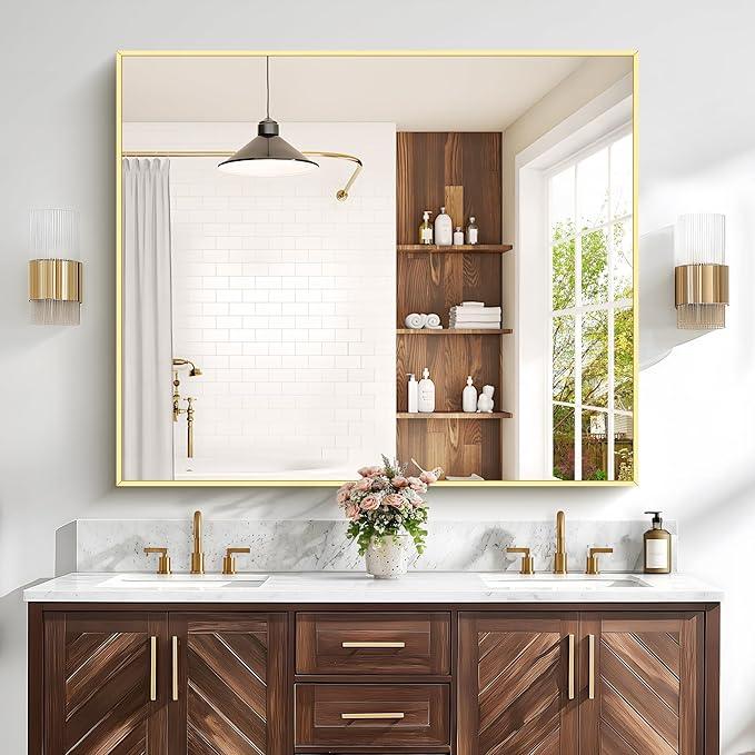 COFENY 40x48inch Gold Bathroom Mirror, Silver Rectangle Mirror with Frame, Large Rectangular Wall Mirrors for Bathroom, Living Room, Hair Salon, Big Farmhouse Mirror Hang Horizontal/Vertical - ModernBath