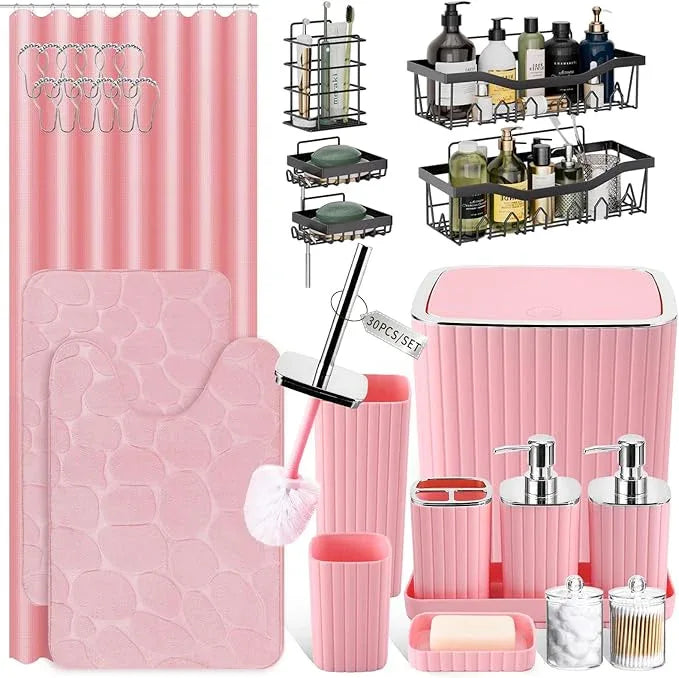 XLHOMO 30PC Bathroom Accessories Set - Gorgeous Pink Bathroom Set, Bathroom Accessory Set, Pink Shower Curtain Set with 5PC Shower Caddy - ModernBath