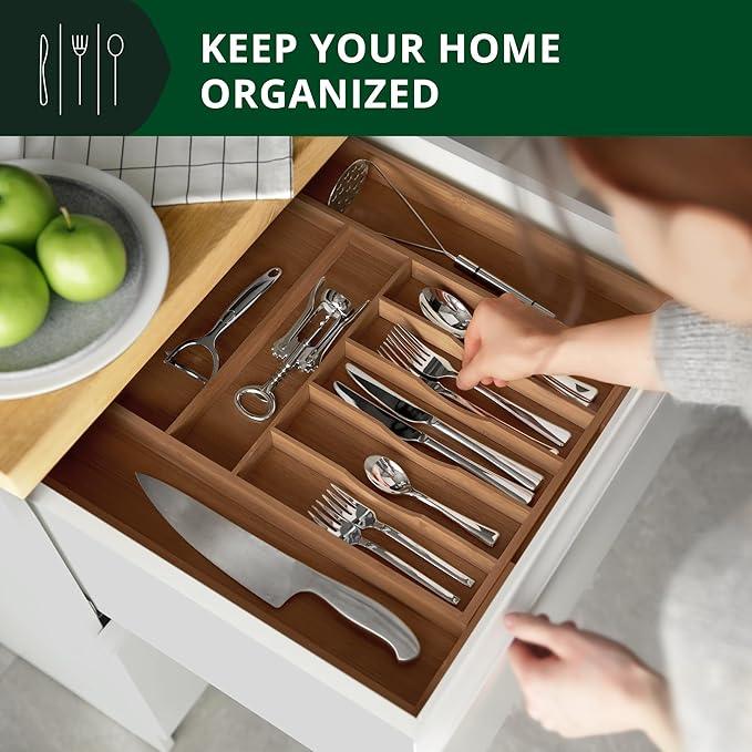 ROYAL CRAFT WOOD Luxury Bamboo Kitchen Drawer Organizer - Silverware Organizer - Utensil Holder and Cutlery Tray with Grooved Drawer Dividers for Flatware and Kitchen Utensils (9 Slot, Brown Bamboo) - ModernBath