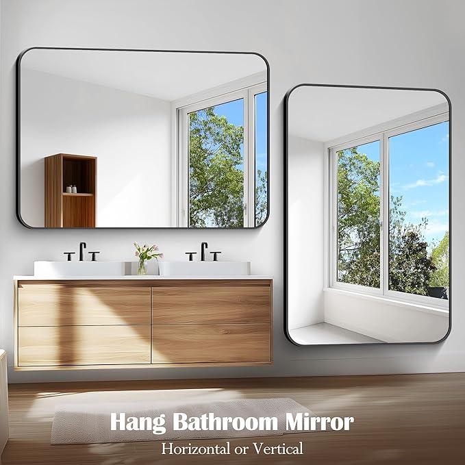 CIVENO Large Bathroom Mirror, 60 x 40 inch Black Rectangle Mirror, Metal Framed Rectangular Vanity Mirror, Rounded Corner Wall Mounted Mirror for Over Sinks Bedroom Living Room Horizontal/Vertical - ModernBath