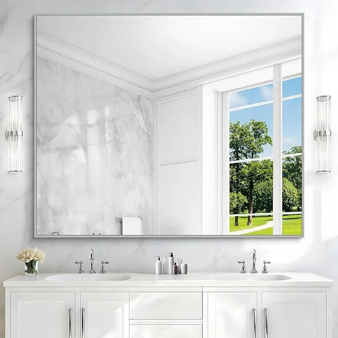 COFENY 40x48inch Silver Bathroom Mirror, Silver Rectangle Mirror with Frame, Large Rectangular Wall Mirrors for Bathroom, Living Room, Hair Salon, Big Farmhouse Mirror Hang Horizontal/Vertical - ModernBath