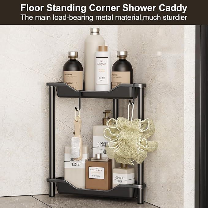 Orimade Rustproof 2 Tier Floor Standing Corner Shower Caddy Organizer, Plastic Metal Splicing Floor Corner Shelf Rack Stands for Bathroom, Black - ModernBath