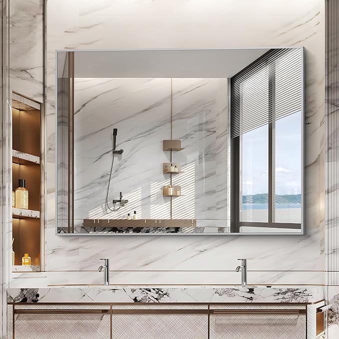 COFENY Silver Bathroom Mirror, 48"X36" Rectangle Mirrors for Wall Metal Frame, Bathroom Rectangular Mirror Modern Wall Mirror for Bedroom Living Room, Hangs Horizontal or Vertical - ModernBath