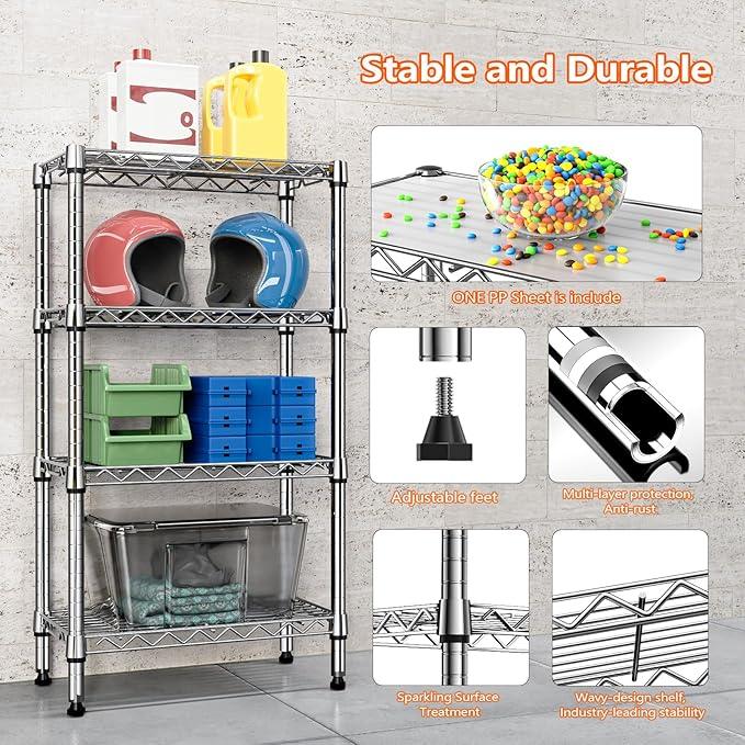 1000 lbs 4 Tier Shelf Metal Storage Shelves Wire Rack Closet Organizers with PP Board for Garage Kitchen Bathroom Laundry Chrome 11.8" D x 21.7" W x 39.5" H - ModernBath