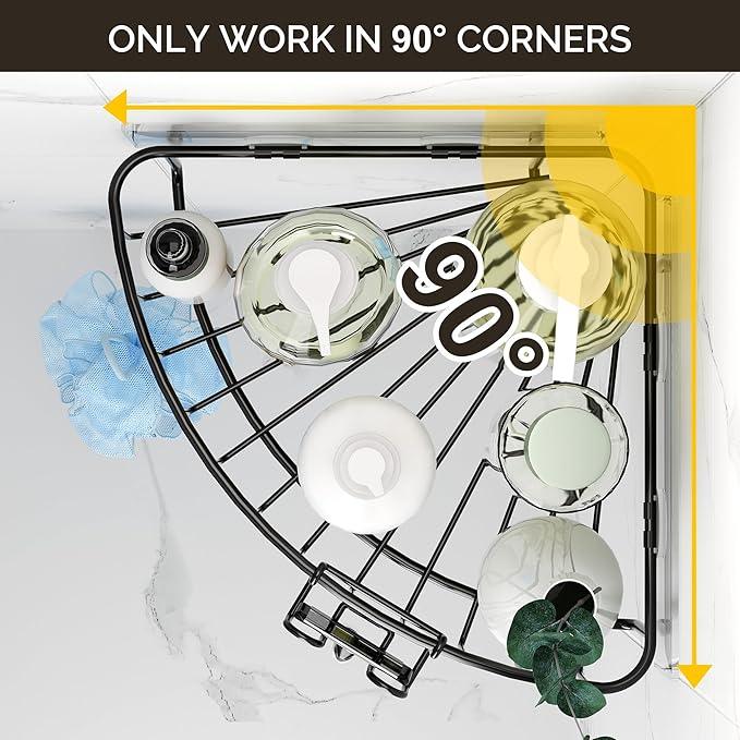 Orimade Corner Shower Caddy with 2 Hooks Wall Mounted Metal Bathroom Shelf Storage Organizer Adhesive No Drilling 2 Pack, Black Only for 90-Degree Corner - ModernBath