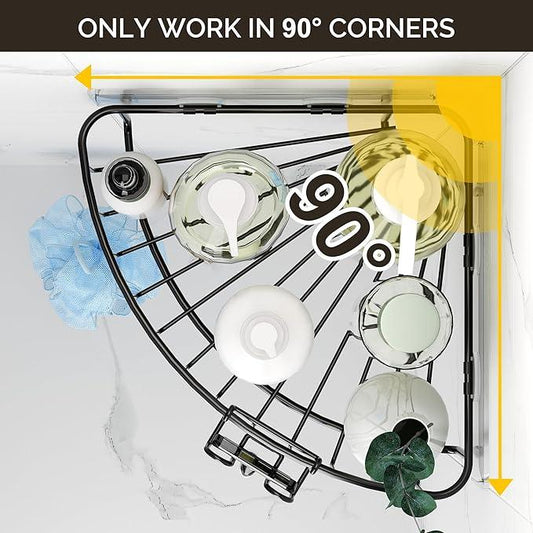 Orimade Corner Shower Caddy with 2 Hooks Wall Mounted Metal Bathroom Shelf Storage Organizer Adhesive No Drilling 2 Pack, Black Only for 90-Degree Corner - ModernBath