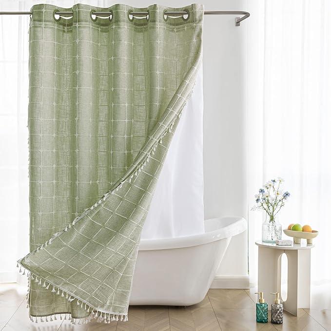 River Dream Sage Green Farmhouse Shower Curtain with Snap-in Liner, No Hooks Needed,with Magnets,with Tassels,Water Repellent&Machine Washable,71x86Inch - ModernBath