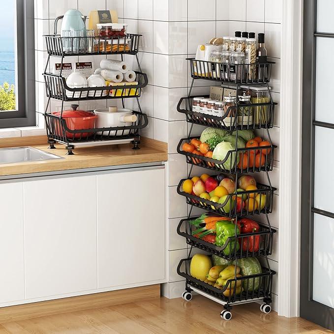Metal Wire Baskets with Wheels, Stackable Storage Bins Kitchen Organizer Shelf 3-4-5-6 Tier Fruit Vegetable Cart Dishes Seasonal Rack Shelves for Garage, Pantry, Bathroom - ModernBath
