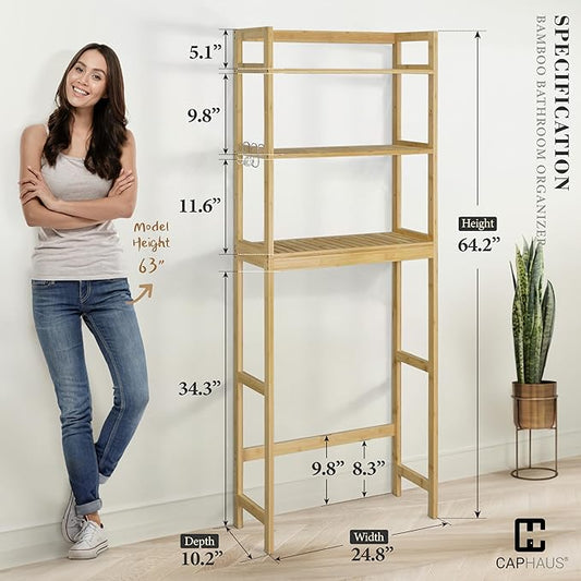 CAPHAUS Over The Toilet Storage Rack, 3-Tier Bamboo Bathroom Organizer Shelf Rack with Adjustable Feet &Hooks, Freestanding Toilet Shelf, Bathroom & Laundry Organizer, Balcony Plant Stand, Natural