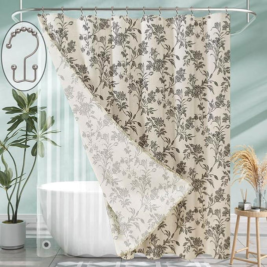 3 in 1 Shower Curtain with Liner and Hooks Black Floral Cotton Linen Shower Curtain for Bathroom 72" W x 72" L Double Layer Shower Curtain - ModernBath
