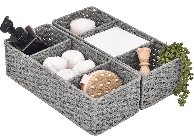 StorageWorks 3-Section Wicker Baskets for Shelves, Hand-Woven Round Paper Rope Storage Baskets, Gray, 2-Pack - ModernBath