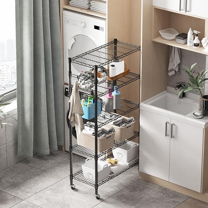 Homdox 5 Tier Metal Storage Shelves with Wheels, Heavy Duty Wire Shelving Unit, Adjustable Storage Racks with Side Hooks for Bathroom Kitchen Garage Pantry Organization, Black - ModernBath