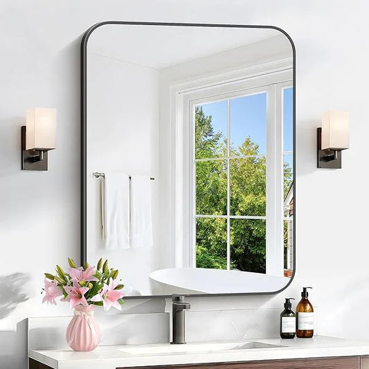 CIVENO Bathroom Mirror, 30 x 24 inch Metal Framed Black Rectangle Mirror, Rounded Corner Rectangular Vanity Mirror, Wall Mounted Mirror for Modern Bedroom Living Room Hangs Horizontal or Vertical - ModernBath