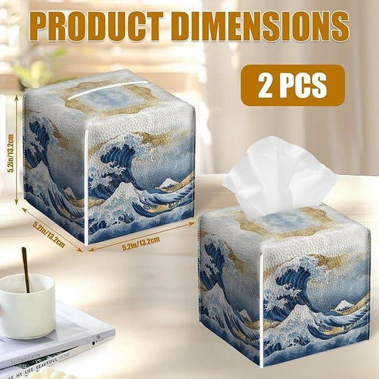 Art Great Wave Tissue Box Cover 2PCS, Leather Tissue Box Holder Square Facial Paper Case Tissue Box Cube Organizer for Bathroom Bedroom Desk Office - ModernBath