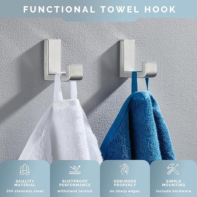 Angle Simple Towel Hooks for Bathroom, SUS 304 Stainless Steel Robe Coat Hooks for Wall, Brushed Nickel, 4 Pack - ModernBath