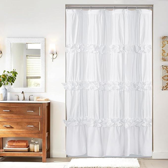 Homechoice Decor Ruffle Stall Shower Curtain, Vintage Handcrafted Bow Tie Bath Curtain for Master Bathroom, Ruched Microfiber Bathroom Curtain with 8 Buttonholes, 48" W x 72" H, White (LQ-10) - ModernBath