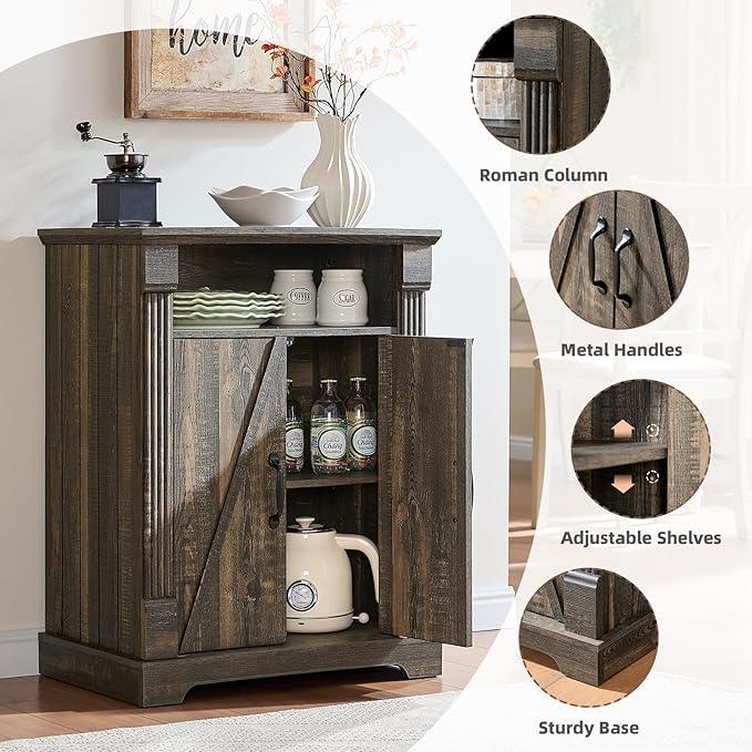 24" Farmhouse Storage Cabinet – Dark Rustic Oak Freestanding Buffet Sideboard with Barn Doors, Adjustable Shelf, Small Coffee Bar for Kitchen, Bathroom & Living Room - ModernBath