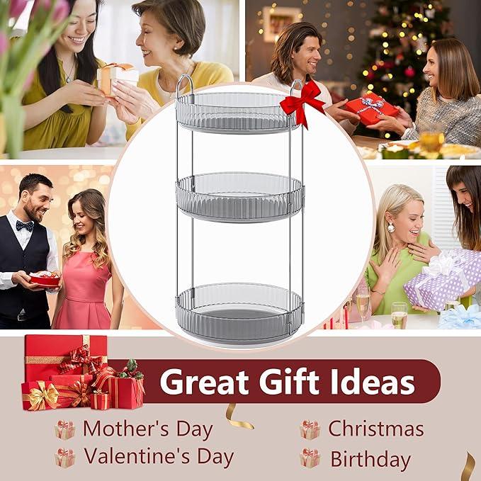 INVSSENE 360° Rotating Makeup Organizer, Bathroom Make Up Spinning Holder Rack, Large Capacity Cosmetics Storage Vanity Shelf Countertop, Fits Cosmetics, Perfume, Skincare, Lipsticks(3 Tiers, Gray) - ModernBath