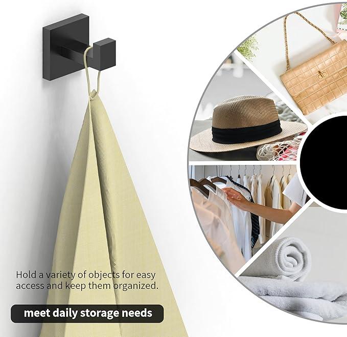 Ruacq Towel Hooks for Bathrooms, Heavy Duty Stainless Steel Square Bathroom Hooks, Wall Mounted Towel Hanger for Robe & Coat, Ideal for Kitchen, Bedroom, and Hotel Use(Matte Black, 2 Pack) - ModernBath