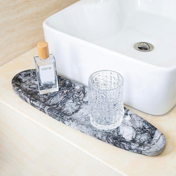PracFit Natural Marble Tray – Real Stone for Bathroom, Vanity, Counter, and Home Decor. Perfect for Jewelry, Candles, and Cosmetics. Durable, Elegant, and Unique Made of Real Stone（Black and Grey） - ModernBath