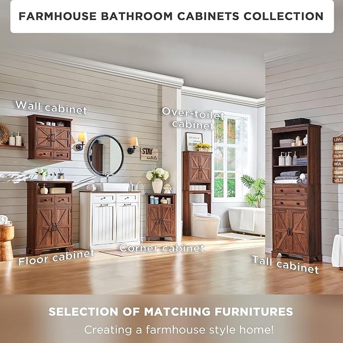 ACCOHOHO Over The Toilet Storage Cabinet, Farmhouse Bathroom Cabinet with Adjustable Shelf & Barn Door, 67" Tall Over The Toilet Shelf, Brown - ModernBath