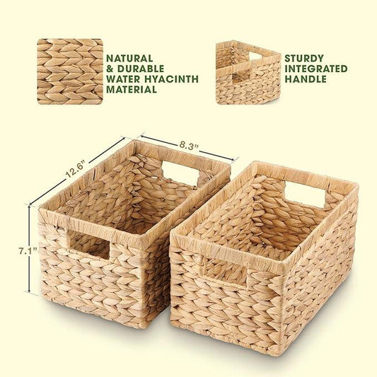 Water Hyacinth Storage Baskets Set of 2 - Medium Decorative Wicker Baskets for Organizing Shelves, Rectangular Woven Storage Bins with Handles for Pantry, Bathroom, Living Room 13"x9"x7" - ModernBath
