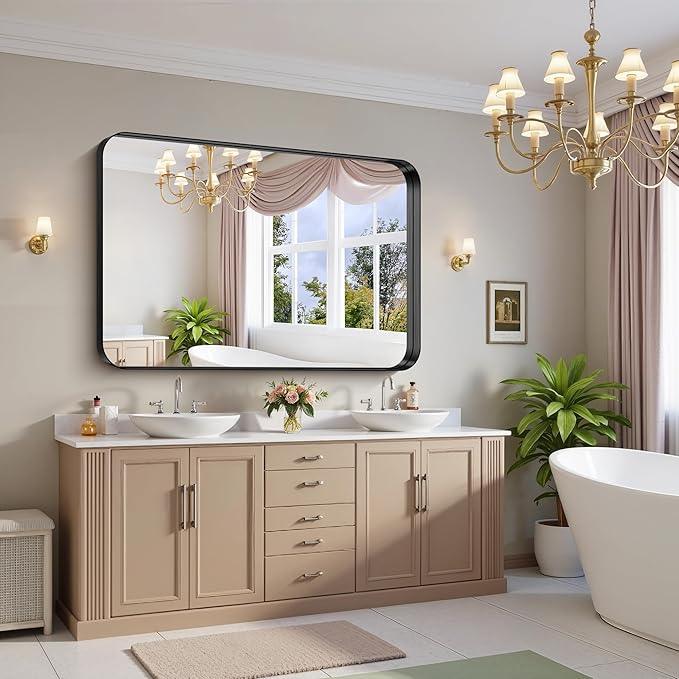 FORBATH 55x36 Inch Large Bathroom Mirror for Double Sinks, Brushed Black Deep Frame Wall Mirror with Rounded Corners, Anti-Rust Tempered Glass for Modern Farmhouse Vanity (Horizontal/Vertical) - ModernBath