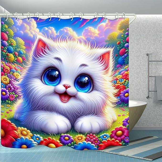 LYFANS Bathroom Using White Cat 3D Shower Curtains, Deluxe Bathtub Standard Shower Curtain, Waterproof and Bright Fabric Shower Curtain Size (72x72 Inches) - ModernBath