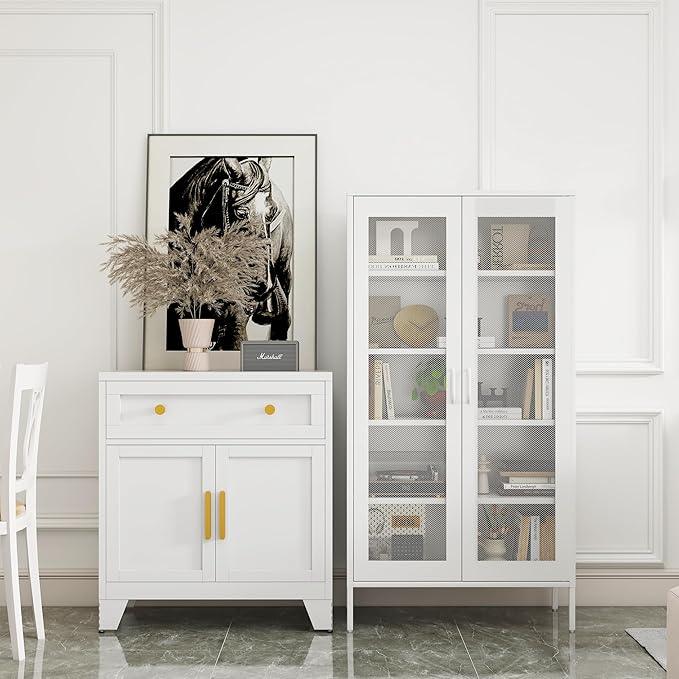 COFaR Modern Mesh Storage Cabinet, Free Standing Tall Pantry, Cupboard Metal Display Cabinet for Living Room, Kitchen, Dining Room - ModernBath