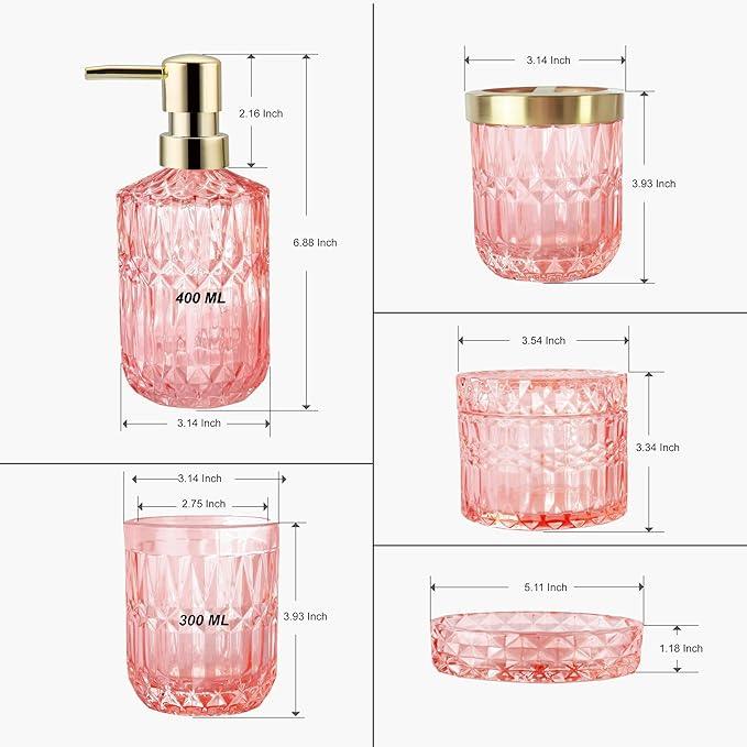LaMarriti 5pcs Clear Glass Bathroom Accessories Set, Crystal Pink Bathroom Decor Set, Soap Dispenser, Toothbrush Holder Set, Soap Dish, Tumbler, Qtips Holder, Modern Decor for Bathroom, Gift Set - ModernBath