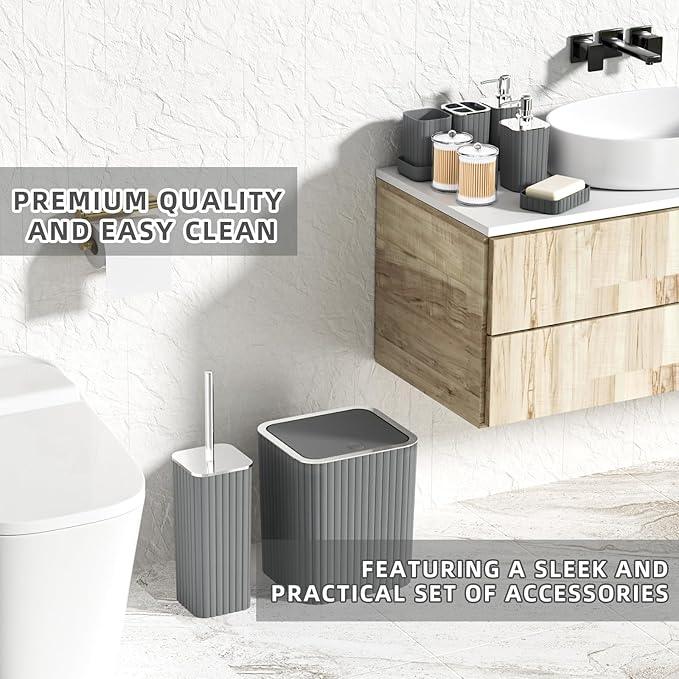 XLHOMO Bathroom Accessories Set - Gorgeous Grey Bathroom Set, 10PC Bathroom Accessory Set, Gray Bathroom Accessories Set, Trash Can, Qtip Holder Dispenser & Soap Dispenser - ModernBath