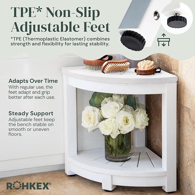 ROHKEX Waterproof Corner Shower Stool - White Waterproof Shower Bench for Shaving Legs & to Sit On - Easily Assembled Corner Bench & Shelf - Restroom Organizer - Restroom Home Decor Gift Idea - ModernBath