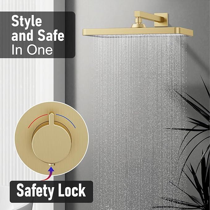 Thermostatic Shower System 13-Inch Rainfall Shower Head - 3 Setting Handheld Sprayer, Complete Bathroom Set with Faucet Mixer Trim Kit & Valve Brushed Gold - ModernBath