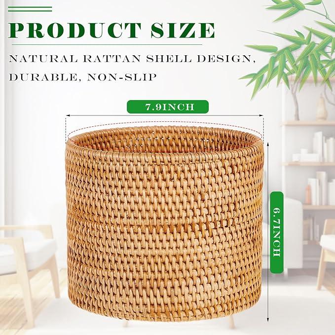 2 Pcs Mini Rattan Bathroom Trash Can Handmade Wicker Waste Basket Small Cylinder Storage Table Baskets for Bathroom Home Bedroom Kitchen Storage Office Desktop Essential - ModernBath
