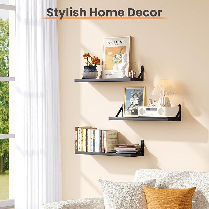 upsimples Floating Book Shelves for Wall, 23.6 Inches Floating Wood Shelves for Living Room, Laundry Room, Bedroom, Office Organizer and Storage, Black - ModernBath