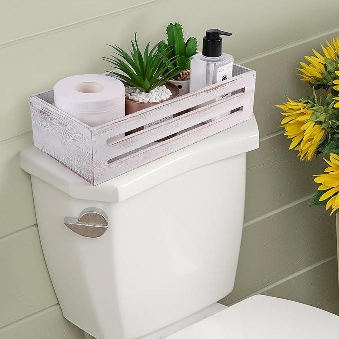 LotFancy Bathroom Decor Box, 2 Pack Wooden Toilet Paper Holder, White Toilet Storage Basket for Back of Toilet, Farmhouse Toilet Tank Topper - ModernBath