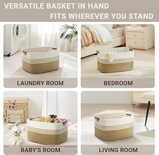 45L Small Laundry Basket with Leather Handles for Living Room Storage, Woven Rope Baskets Bin for Blanket, Kids Toy, Gifts, Wicker Hamper for Bedroom Dirty Clothes, 18"x14"x11" Khaki - ModernBath