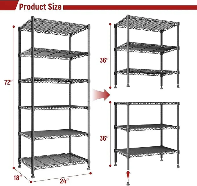 REIBII 72’’H Wire Shelving, 6 Tier Metal Shelving Units and Storage Shelves, Adjustable Garage Shelving for Storage Heavy Duty Shelving for Pantry Shelf Kitchen Garage, 24’’W X18’’D X72’’H - ModernBath