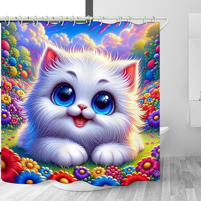 LYFANS Bathroom Using White Cat 3D Shower Curtains, Deluxe Bathtub Standard Shower Curtain, Waterproof and Bright Fabric Shower Curtain Size (72x72 Inches) - ModernBath