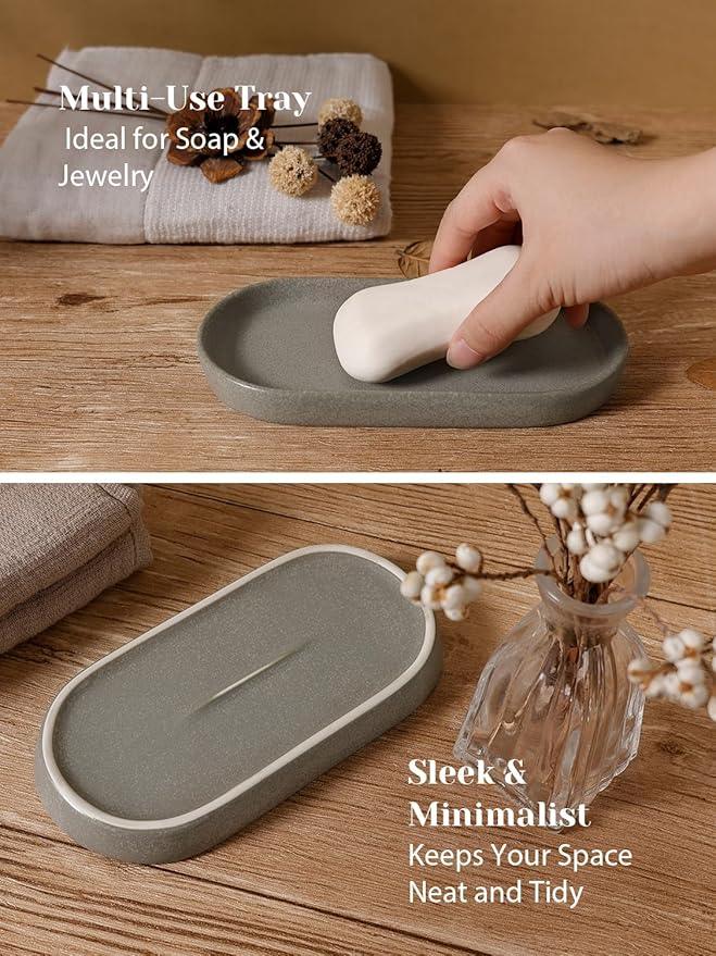 INGOFIN 3 Pcs Ceramic Bathroom Accessory Set - Liquid Soap Dispenser, Toothbrush Holder & Tray, Bathroom Counter Set, Countertop Essentials for Home, Guest Bathroom, or Office Use, Grey - ModernBath