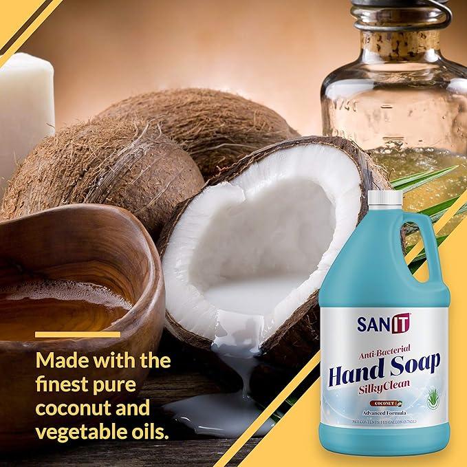 Sanit Silky Clean Antibacterial Liquid Gel Hand Soap Refill - Advanced Formula with Coconut Oil and Aloe Vera - All Natural Moisturizing Hand Wash - Made in USA, Coconut, 1 Gallon - ModernBath