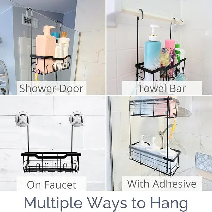 Black Shower Caddy Hanging - Rust-Proof 304 Stainless Steel Shower Caddy with Rotatable Hooks and Adhesives - Ideal for Bathroom Essentials - Convenient for Bathroom Toiletries - ModernBath