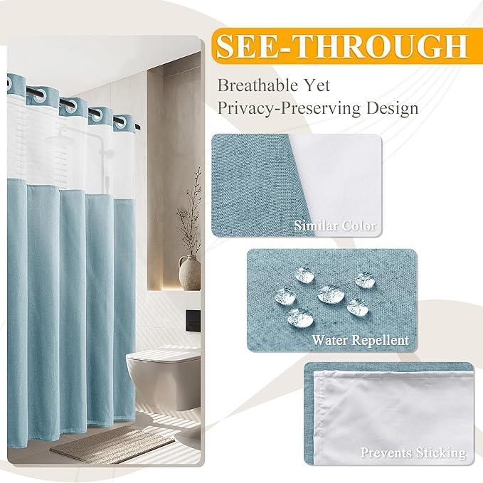 Jowels No Hooks Needed Linen Shower Curtain and Liner Set,Blue Hotel Luxury Decor Shower Curtains for Bathroom with See Through Top Window,Water Resistant Fabric,72Wx84L,Blue - ModernBath