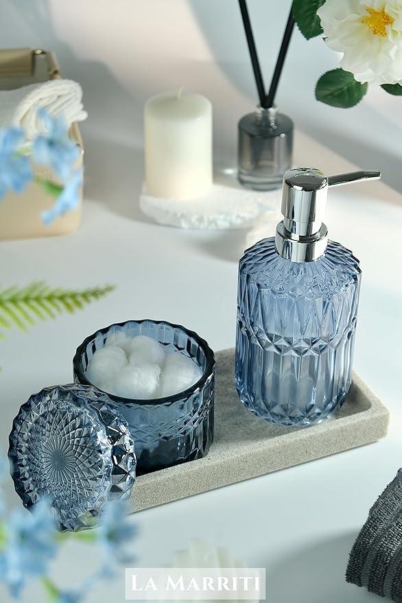 LaMarriti Blue Bathroom Accessories Set, 4Pcs Clear Glass Bathroom Accessories, Lotion Soap Dispenser Set, Toothbrush Holder, Qtips Holder, Soap Dish for Crystal Modern Bath Decor, Set - ModernBath