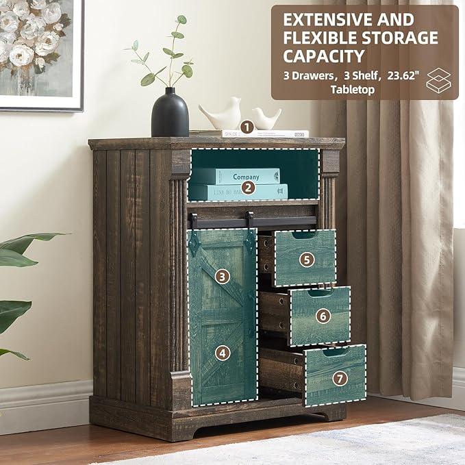 Bathroom Floor Cabinet, Farmhouse Storage Cabinet with Sliding Barn Door, Small Storage Cabinet with Drawer for Bathroom, Kitchen, Living Room, Rustic Style Cabinet (Dark Rustic Oak) - ModernBath
