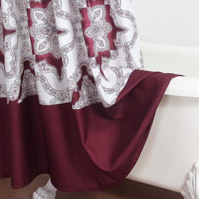 BESTRIPES Extra Long Burgundy Shower Curtain 90 Inches, Water Repellent Fabric with Medallion Pattern, 12 Metal Grommets & Weighted Hem - ModernBath