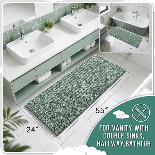 Yimobra Bathroom Runner Rug 55x24 Inch - Extra Long Non Slip Chenille Bath Mat, Soft & Absorbent, Machine Washable Shaggy Hallway Carpet for Vanity Tub Shower, Green Home Decor Accessories - ModernBath