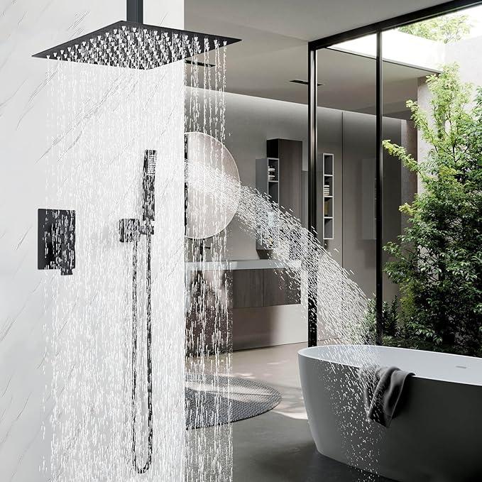 Shower Faucet Set Matte Balck Rain Shower System with High Pressure 8 Inches Rain Shower Head and Handheld Spray Bathroom Luxury Mixer Shower Faucet Set Complete Combo Set Ceiling Mounted - ModernBath